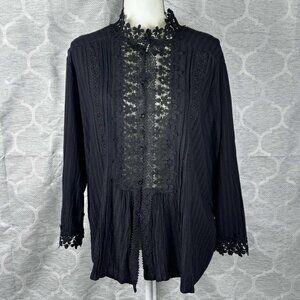 Nenona Black Lace Trim Blouse – Sheer Floral Cutout, Pintuck Detail, Size XL